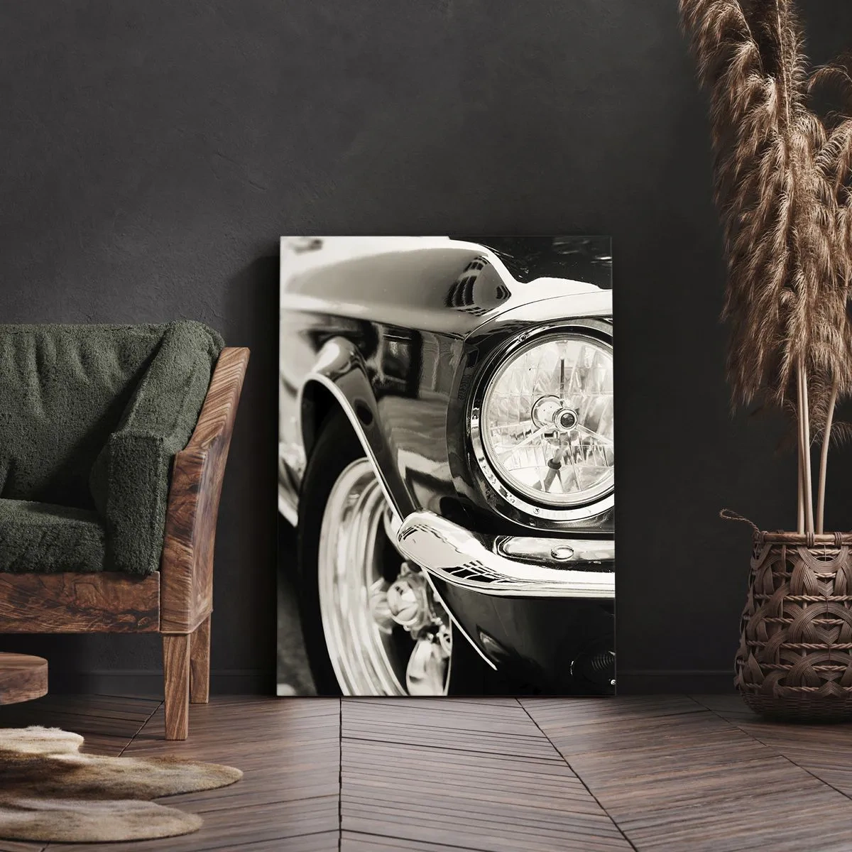 Cuadro sobre lienzo - Impresión de Imagen - Un coche clásico icónico en elegante blanco y negro. - 50x70cm - Brillo perdurable - Decoración de pared moderna para salón y dormitorio ARTTOR