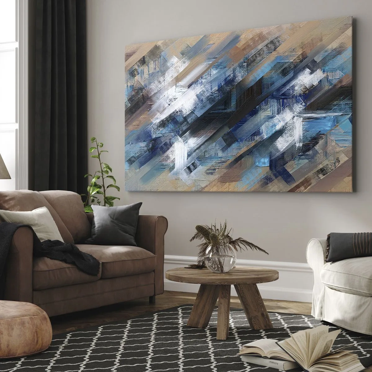 Cuadro sobre lienzo - Impresión de Imagen - Composición abstracta con líneas diagonales azules. - 70x50cm - En una inclinación azul - Decoración de pared moderna para salón y dormitorio ARTTOR