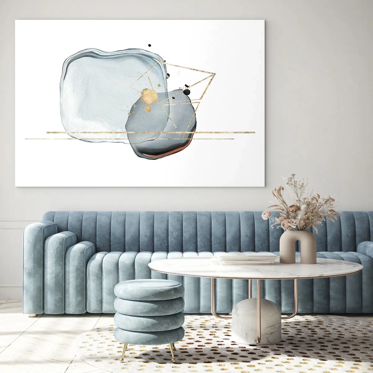 Cuadro sobre vidrio - Impresiones sobre Vidrio - Abstracción moderna con gotas y líneas geométricas doradas. - 70x50cm - Un estudio de gotas - Decoración de pared moderna para salón y dormitorio ARTTOR