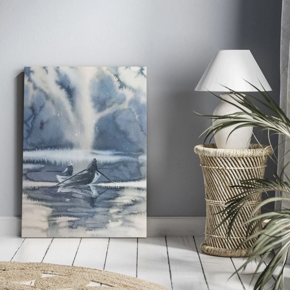 Cuadro sobre lienzo - Impresión de Imagen - Paisaje de acuarela con barcos en un lago rodeado de un bosque brumoso. - 50x70cm - Pescadores en su paraíso - Decoración de pared moderna para salón y dormitorio ARTTOR