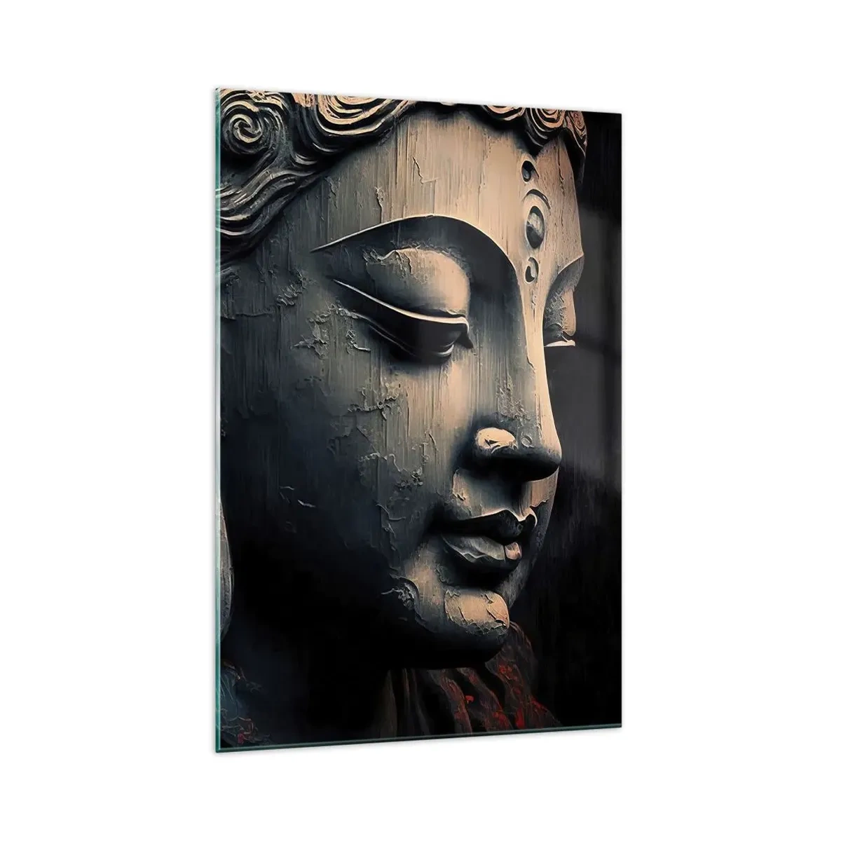 Cuadro sobre vidrio - Impresiones sobre Vidrio - Escultura de Buda con una flor de loto roja. - 70x100cm - En sintonía con el mundo - Decoración de pared moderna para salón y dormitorio ARTTOR