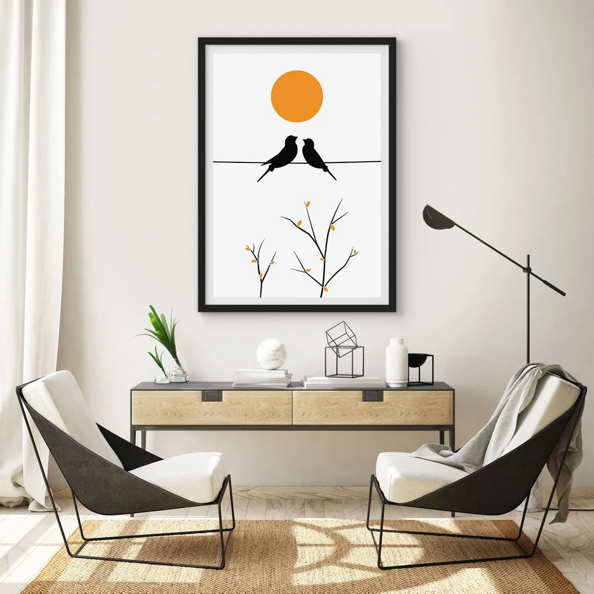 Póster en marco negro - Dos pájaros en una rama con un sol naranja al fondo. - 50x70cm - Noche de ruiseñores - Decoración de pared moderna para salón y dormitorio ARTTOR