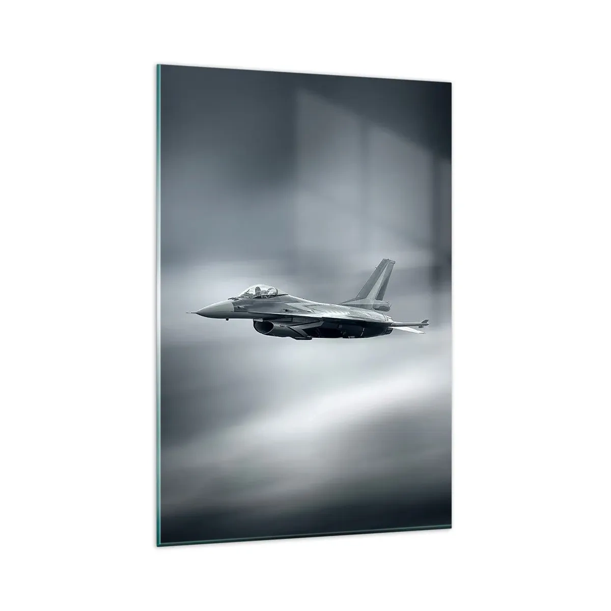 Cuadro sobre vidrio - Impresiones sobre Vidrio - Un avión de combate en vuelo contra un cielo nublado. - 80x120cm - ¿Quieres un reto? - Decoración de pared moderna para salón y dormitorio ARTTOR