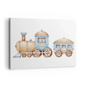 Cuadro sobre lienzo - Impresión de Imagen - Dibujo de un tren en tonos pastel sobre fondo blanco. - 100x70cm - De pie en la estación... - Decoración de pared moderna para salón y dormitorio ARTTOR