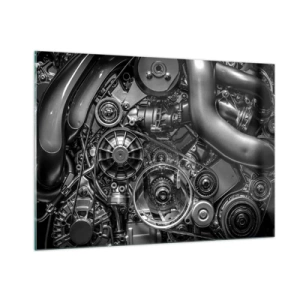 Cuadro sobre vidrio - Impresiones sobre Vidrio - Detalle de un motor en blanco y negro con mecanismos visibles. - 100x70cm - La poesía de la mecánica - Decoración de pared moderna para salón y dormitorio ARTTOR