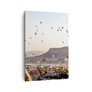 Cuadro sobre lienzo - Impresión de Imagen - Capadocia con globos con el telón de fondo de pintorescas colinas. - 70x100cm - Surcando los cielos - Decoración de pared moderna para salón y dormitorio ARTTOR
