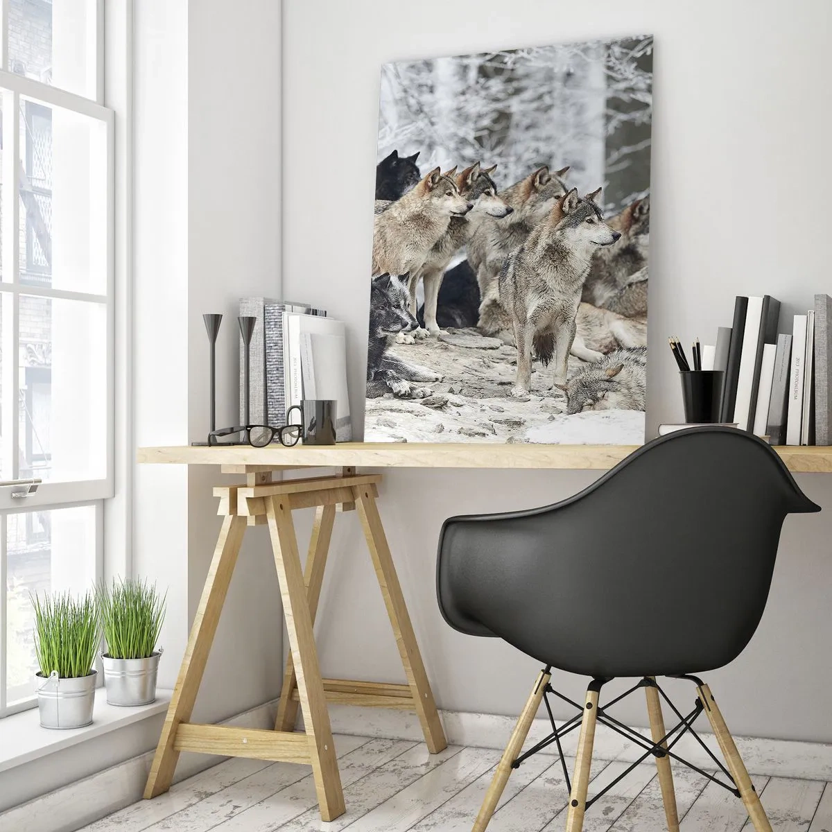 Cuadro sobre vidrio - Impresiones sobre Vidrio - Una manada de lobos en el bosque invernal. - 50x70cm - Familiares y amigos - Decoración de pared moderna para salón y dormitorio ARTTOR