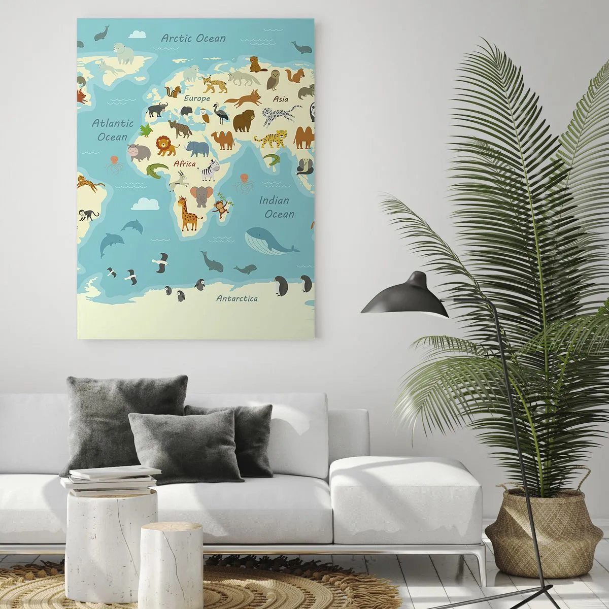 Cuadro sobre vidrio - Impresiones sobre Vidrio - Mapa del mundo con ilustraciones de animales - 80x120cm - Buenos vecinos - Decoración de pared moderna para salón y dormitorio ARTTOR