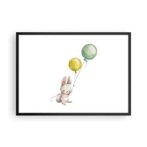 Póster en marco negro - Un conejo sosteniendo globos de colores pastel. - 70x50cm - ¡Yo también volaré! - Decoración de pared moderna para salón y dormitorio ARTTOR