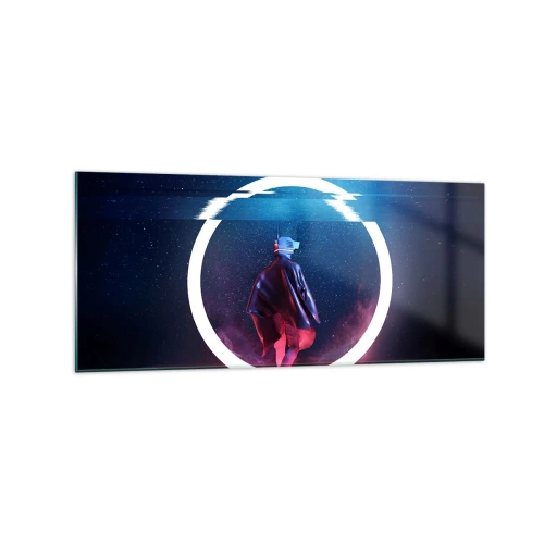 Cuadro sobre vidrio - Impresiones sobre Vidrio - Un personaje en un entorno futurista con un círculo de neón. - 120x50cm - Entre mundos - Decoración de pared moderna para salón y dormitorio ARTTOR