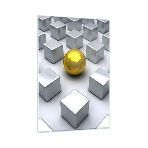 Cuadro sobre vidrio - Impresiones sobre Vidrio - Una esfera dorada que destaca entre los cubos plateados. - 80x120cm - ¿Por qué yo? Composición geométrica - Decoración de pared moderna para salón y dormitorio ARTTOR