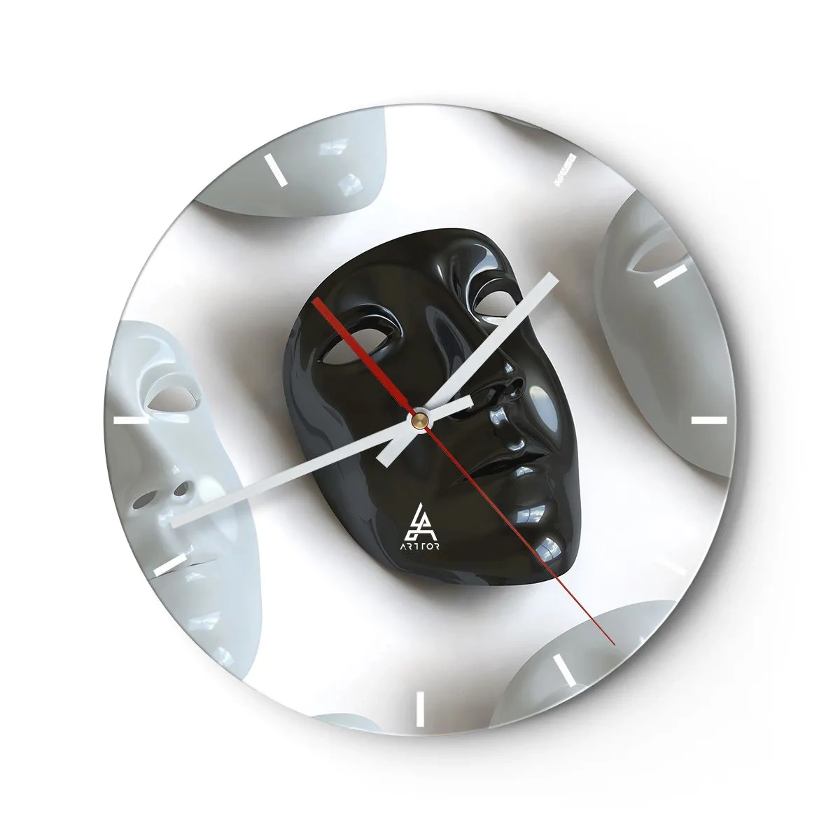 Reloj de pared - Reloj de vidrio - Una máscara negra rodeada de máscaras blancas sobre un fondo claro. - 30x30cm - ¿Cómo destacar? - Decoración de pared moderna para salón, cocina y dormitorio ARTTOR