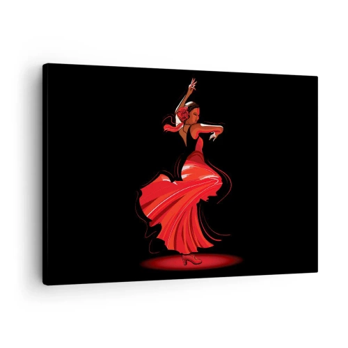 Cuadro sobre lienzo - Impresión de Imagen - Bailaora de flamenco con vestido rojo sobre fondo negro - 70x50cm - El espíritu ardiente del flamenco - Decoración de pared moderna para salón y dormitorio ARTTOR