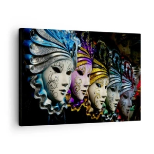 Cuadro sobre lienzo - Impresión de Imagen - Máscaras venecianas en varios colores con patrones decorativos. - 70x50cm - Misterio en oro y plata - Decoración de pared moderna para salón y dormitorio ARTTOR