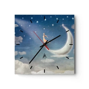 Reloj de pared - Reloj de vidrio - Una mujer en la luna rodeada de estrellas y nubes. - 30x30cm - Pretendiente sobre azul - Decoración de pared moderna para salón y dormitorio ARTTOR