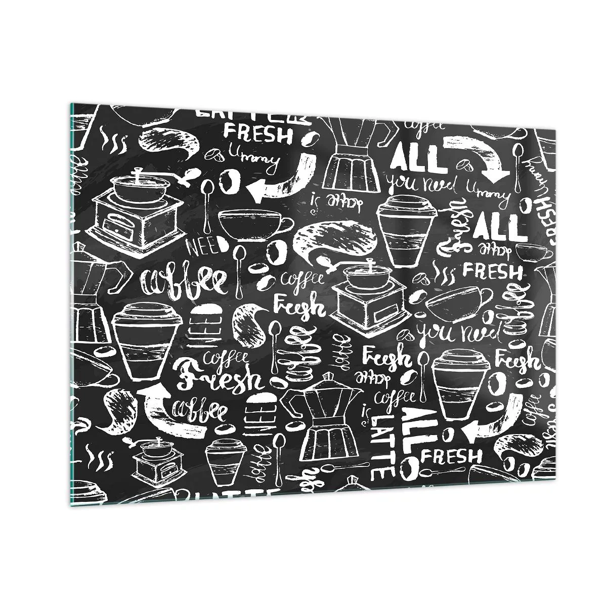 Cuadro sobre vidrio - Impresiones sobre Vidrio - Gráficos y letras de café sobre un fondo negro en estilo retro. - 100x70cm - All you need is… - Decoración de pared moderna para salón y dormitorio ARTTOR