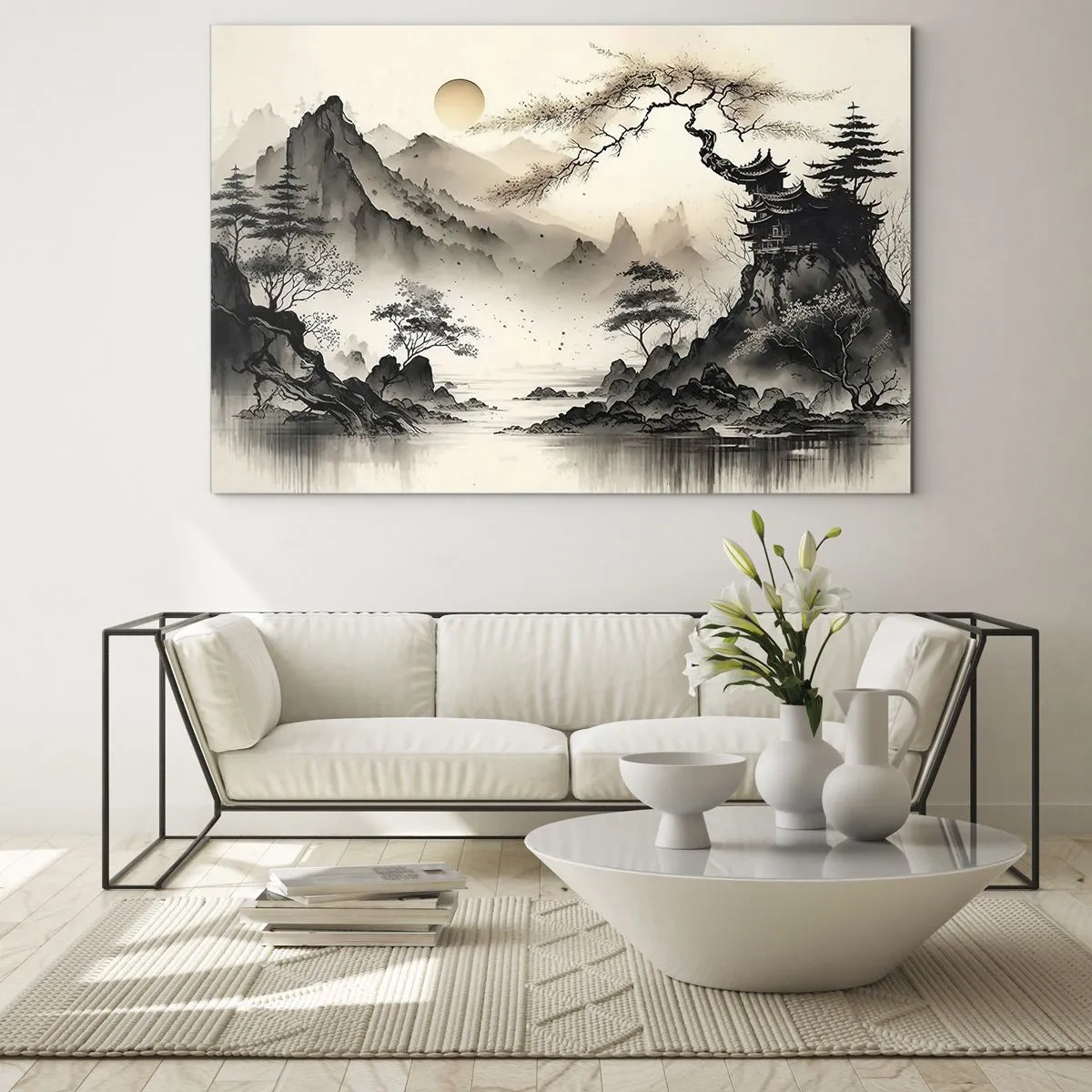 Cuadro sobre vidrio - Impresiones sobre Vidrio - Paisaje montañoso oriental con pagoda y árboles. - 100x70cm - El encanto único de Oriente - Decoración de pared moderna para salón y dormitorio ARTTOR