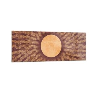 Cuadro sobre vidrio - Impresiones sobre Vidrio - Patrón soleado con rayos sobre un fondo en tonos marrones. - 140x50cm - Icono del sol - Decoración de pared moderna para salón y dormitorio ARTTOR