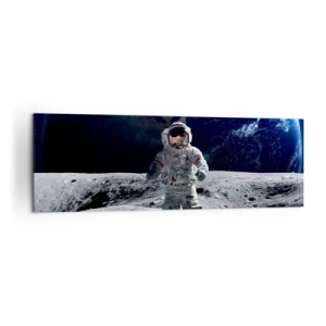 Cuadro sobre lienzo - Impresión de Imagen - Astronauta en la superficie de la Luna con la Tierra al fondo - 160x50cm - Saludos desde la Luna - Decoración de pared moderna para salón y dormitorio ARTTOR