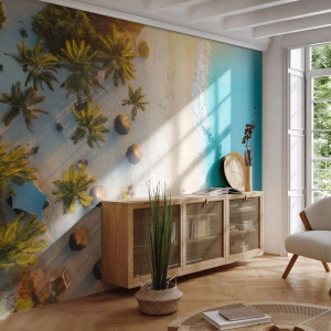 Fotomural Standard Eco - Una vista de pájaro de una playa tropical con palmeras y un mar turquesa. - 100x70cm - Bienvenidos al paraíso - Decoración de pared moderna para salón y dormitorio ARTTOR