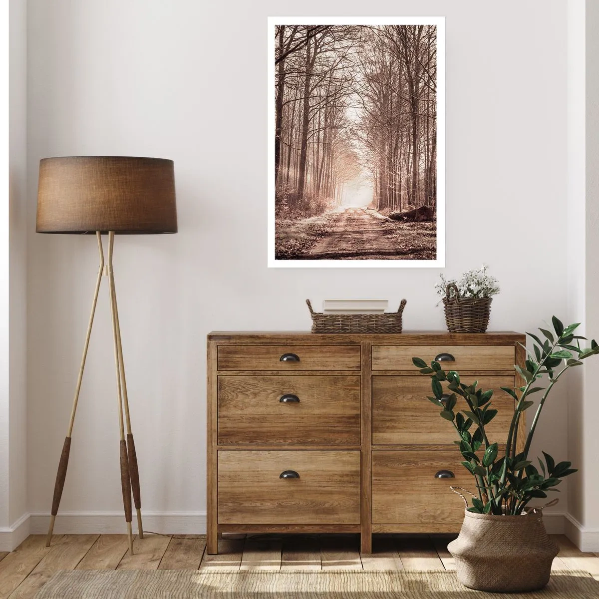 Póster - Un sendero forestal en tonos sepia otoñales. - 50x70cm - La catedral del bosque - Decoración de pared moderna para salón y dormitorio ARTTOR