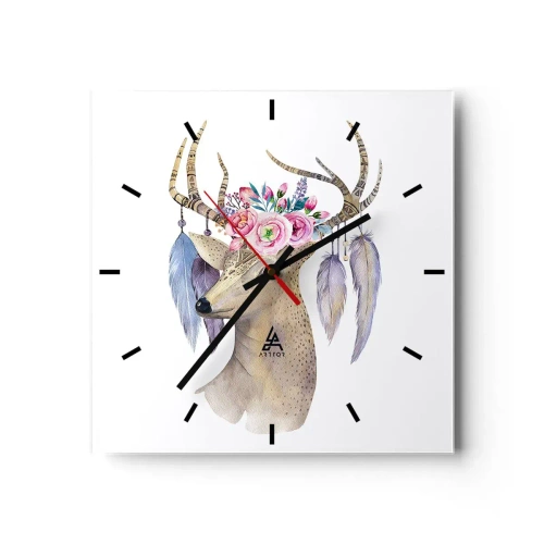 Reloj de pared - Reloj de vidrio - Gráfico romántico de ciervo con flores y plumas. - 30x30cm - Guía del alma - gentil, inocente - Decoración de pared moderna para salón y dormitorio ARTTOR