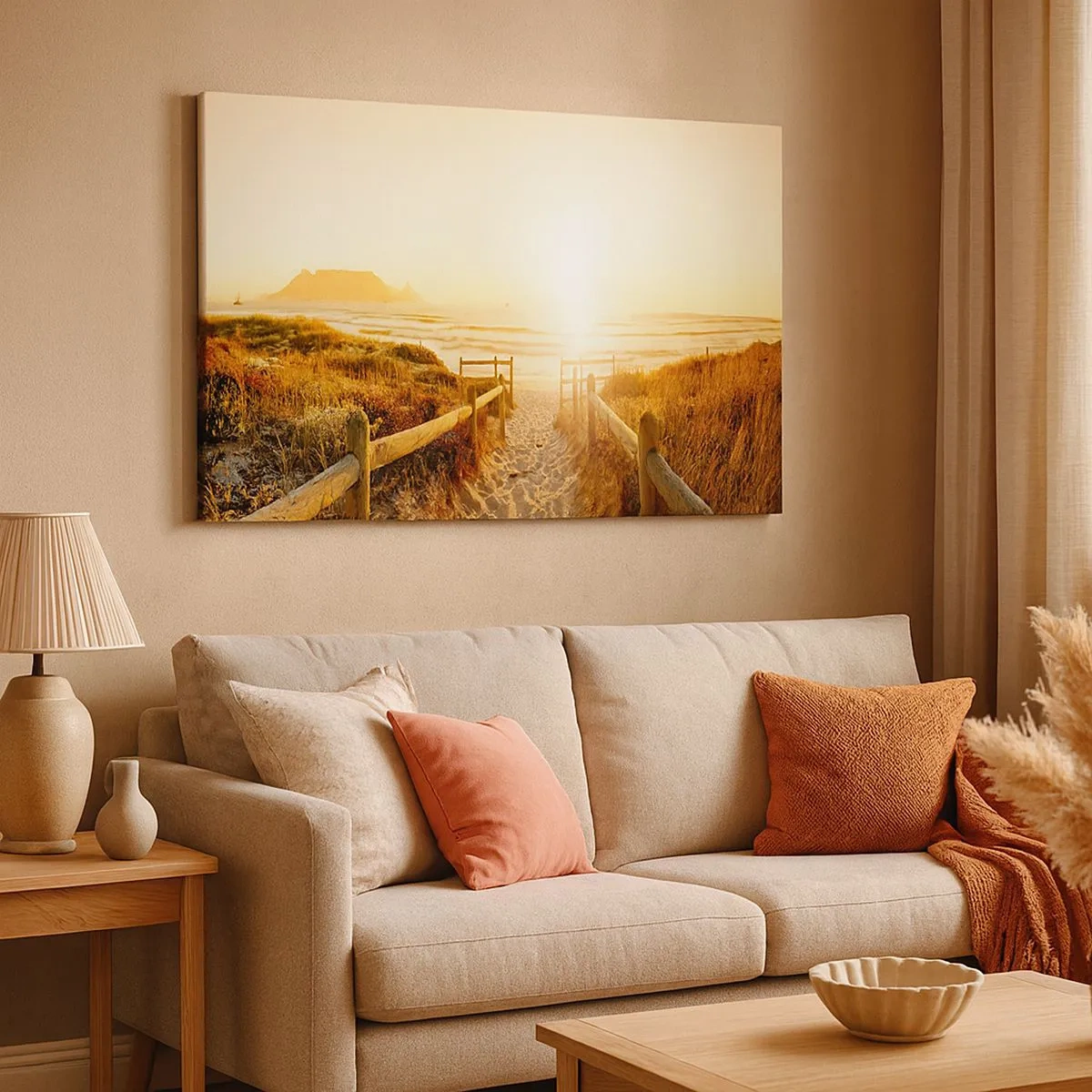 Cuadro sobre lienzo - Impresión de Imagen - Camino a la playa durante un atardecer dorado - 70x50cm - A través de la duna, hacia el sol - Decoración de pared moderna para salón y dormitorio ARTTOR