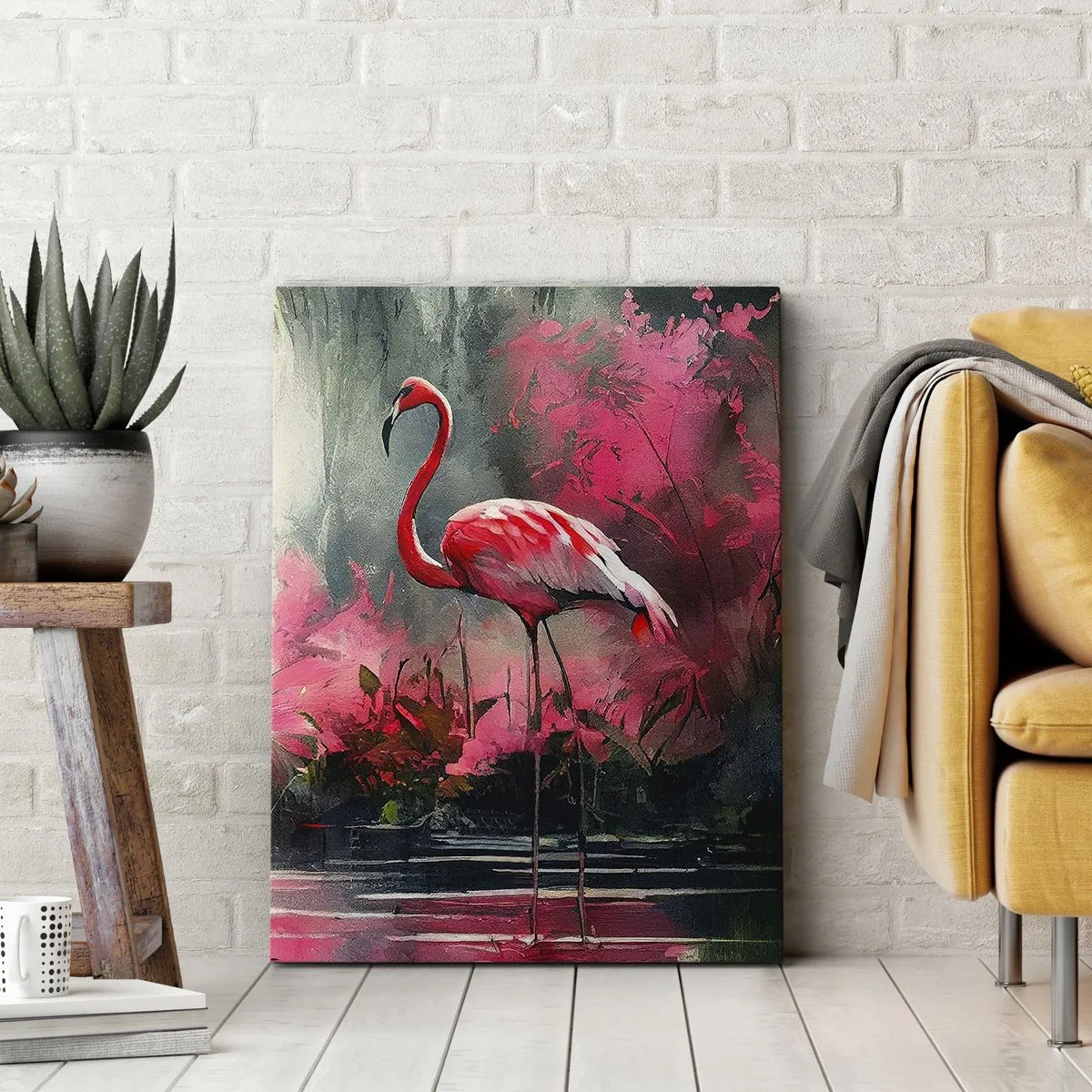 Cuadro sobre lienzo - Impresión de Imagen - Flamencos junto al agua rodeados de vegetación. - 50x70cm - Una lección de encanto natural - Decoración de pared moderna para salón y dormitorio ARTTOR