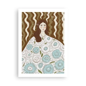 Póster - Retrato estilizado de una mujer con un vestido floral sobre un fondo de patrones ondulados. - 50x70cm - Retrato con túnica de flores - Decoración de pared moderna para salón y dormitorio ARTTOR