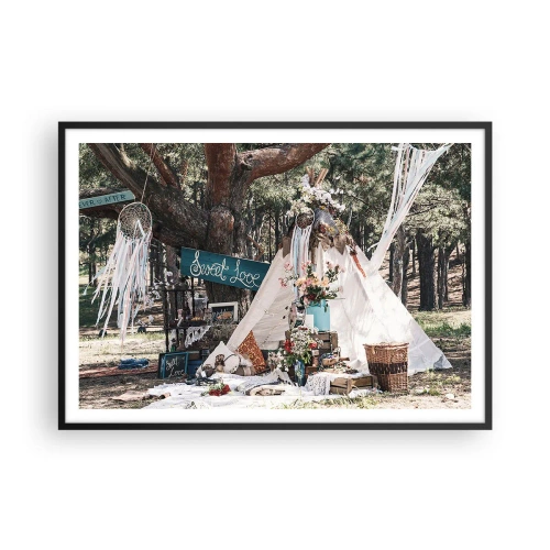 Póster en marco negro - Decoración boho con un tipi en el bosque - 100x70cm - Amor exótico - Decoración de pared moderna para salón y dormitorio ARTTOR