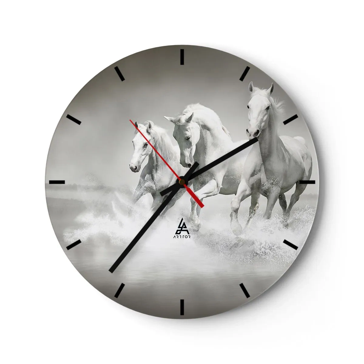 Reloj de pared - Reloj de vidrio - Tres caballos blancos galopando por el agua en un entorno dinámico. - 30x30cm - Locura blanca - Decoración de pared moderna para salón, cocina y dormitorio ARTTOR