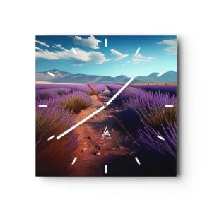 Reloj de pared - Reloj de vidrio - Un campo de lavanda con vistas a las montañas y al cielo azul. - 30x30cm - Campos fragantes - Decoración de pared moderna para salón y dormitorio ARTTOR