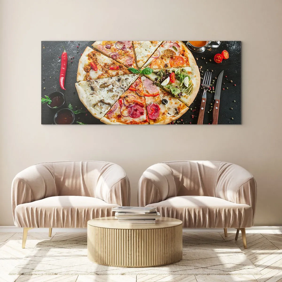 Cuadro sobre vidrio - Impresiones sobre Vidrio - Pizza en varios sabores con fondo de ingredientes. - 120x50cm - Una gama de gustos - Decoración de pared moderna para salón y dormitorio ARTTOR