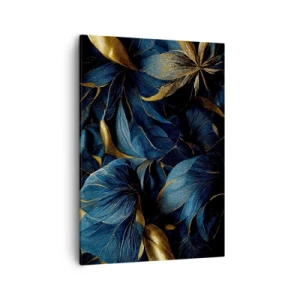Cuadro sobre lienzo - Impresión de Imagen - Hojas elegantes en tonos dorados y azul marino. - 50x70cm - Forradas de oro - Decoración de pared moderna para salón y dormitorio ARTTOR