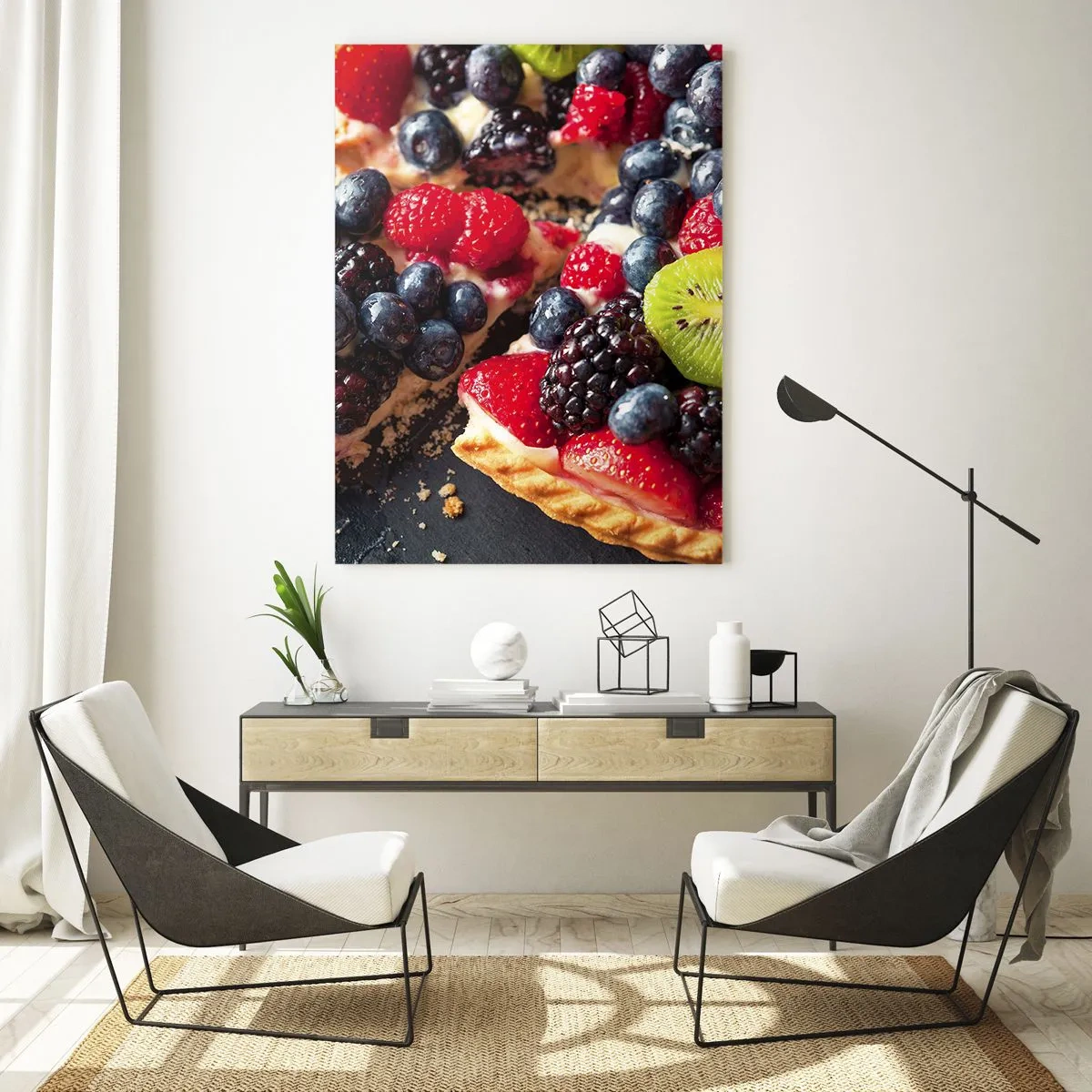 Cuadro sobre vidrio - Impresiones sobre Vidrio - Tarta de frutas con arándanos, kiwi y fresas - 50x70cm - ¡Dolce vita! - Decoración de pared moderna para salón y dormitorio ARTTOR