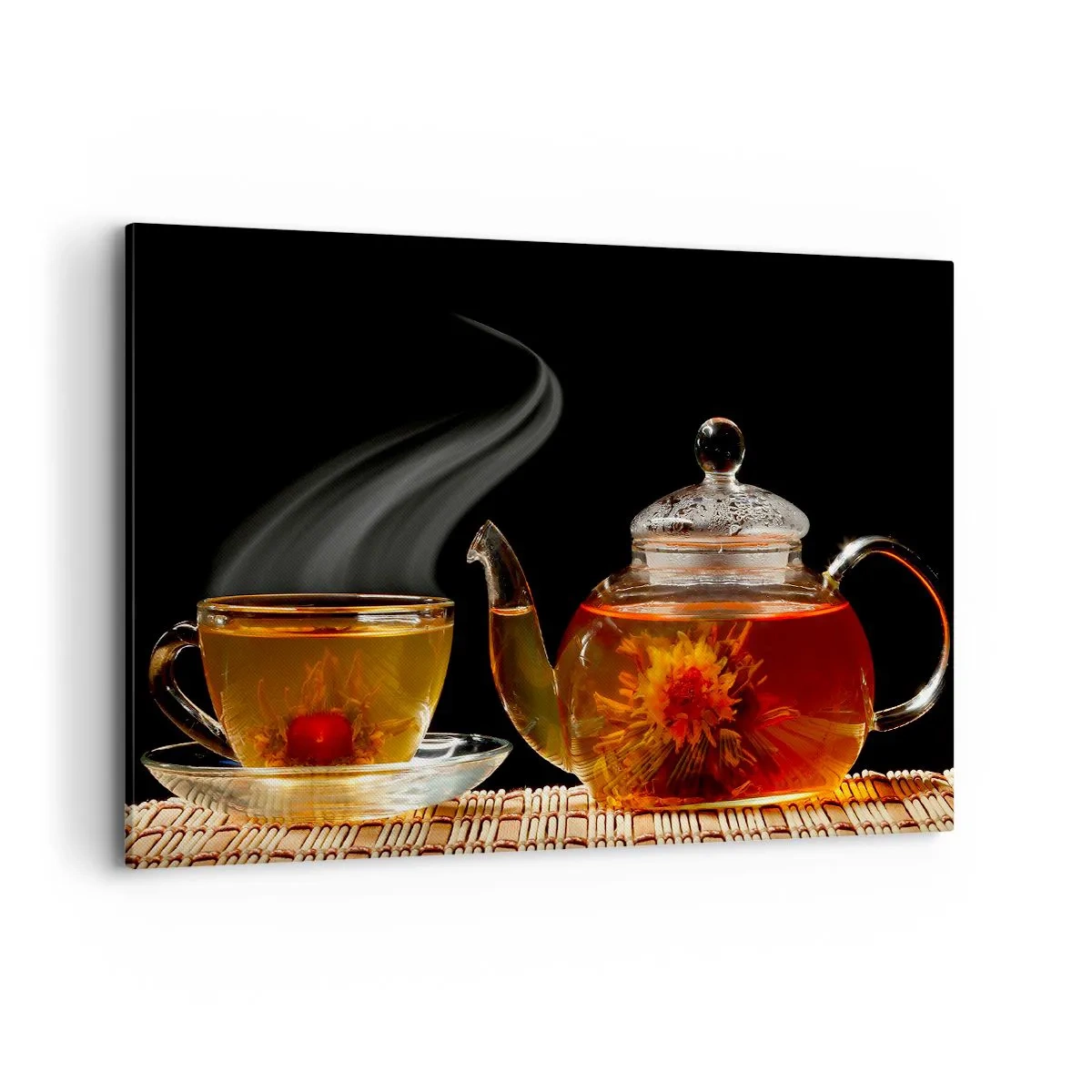 Cuadro sobre lienzo - Impresión de Imagen - Tetera de cristal con té de flores y una taza. - 120x80cm - Magia y el arte del té - Decoración de pared moderna para salón y dormitorio ARTTOR