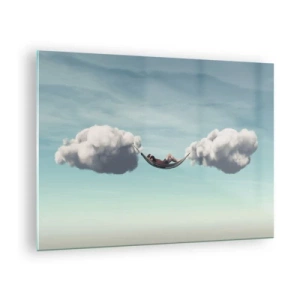 Cuadro sobre vidrio - Impresiones sobre Vidrio - Hamacas de nubes en un cielo azul - 70x50cm - La felicidad del momento - Decoración de pared moderna para salón y dormitorio ARTTOR