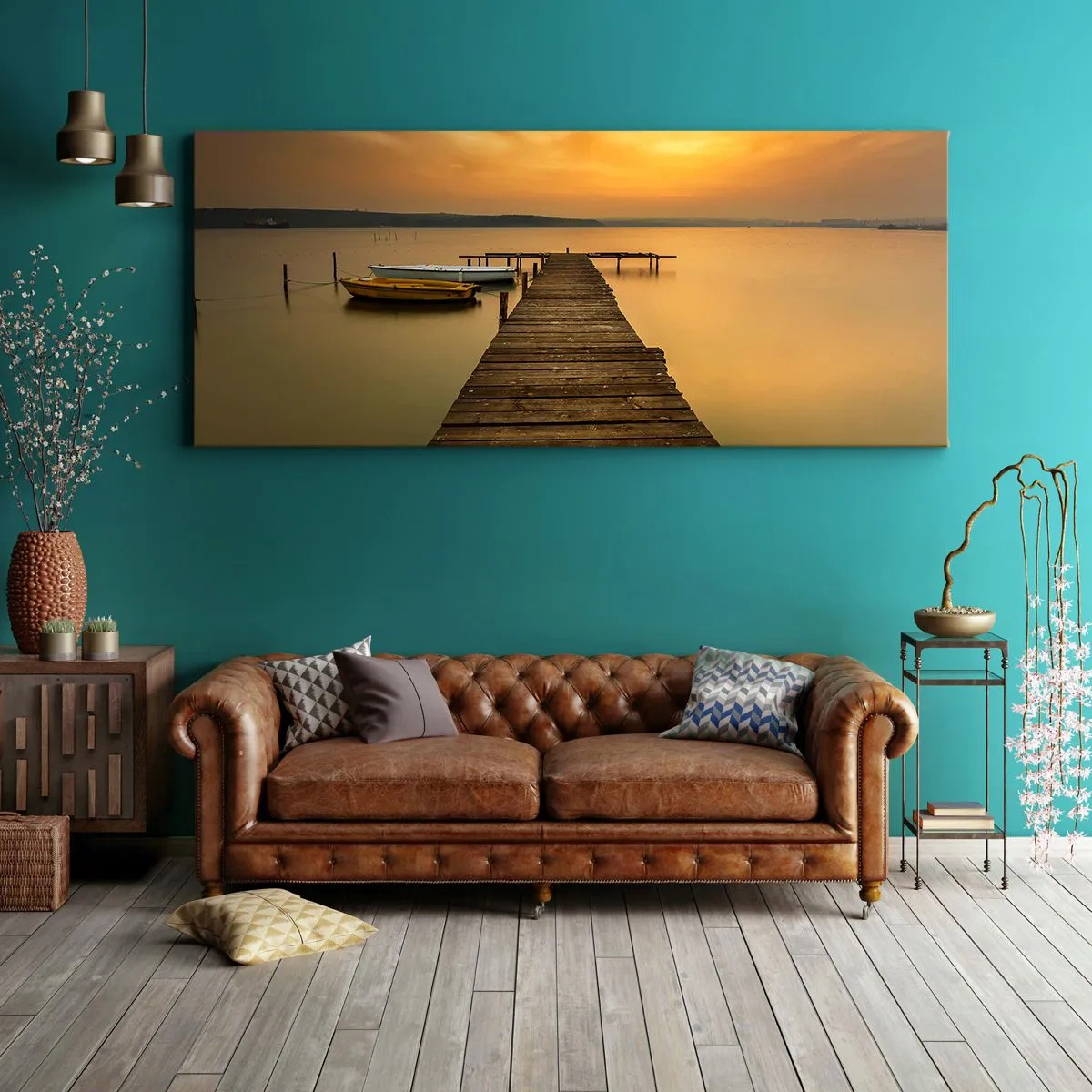 Cuadro sobre lienzo - Impresión de Imagen - Muelle de madera y barcos en el lago al atardecer - 140x50cm - Abriré el cielo dorado para ti - Decoración de pared moderna para salón y dormitorio ARTTOR