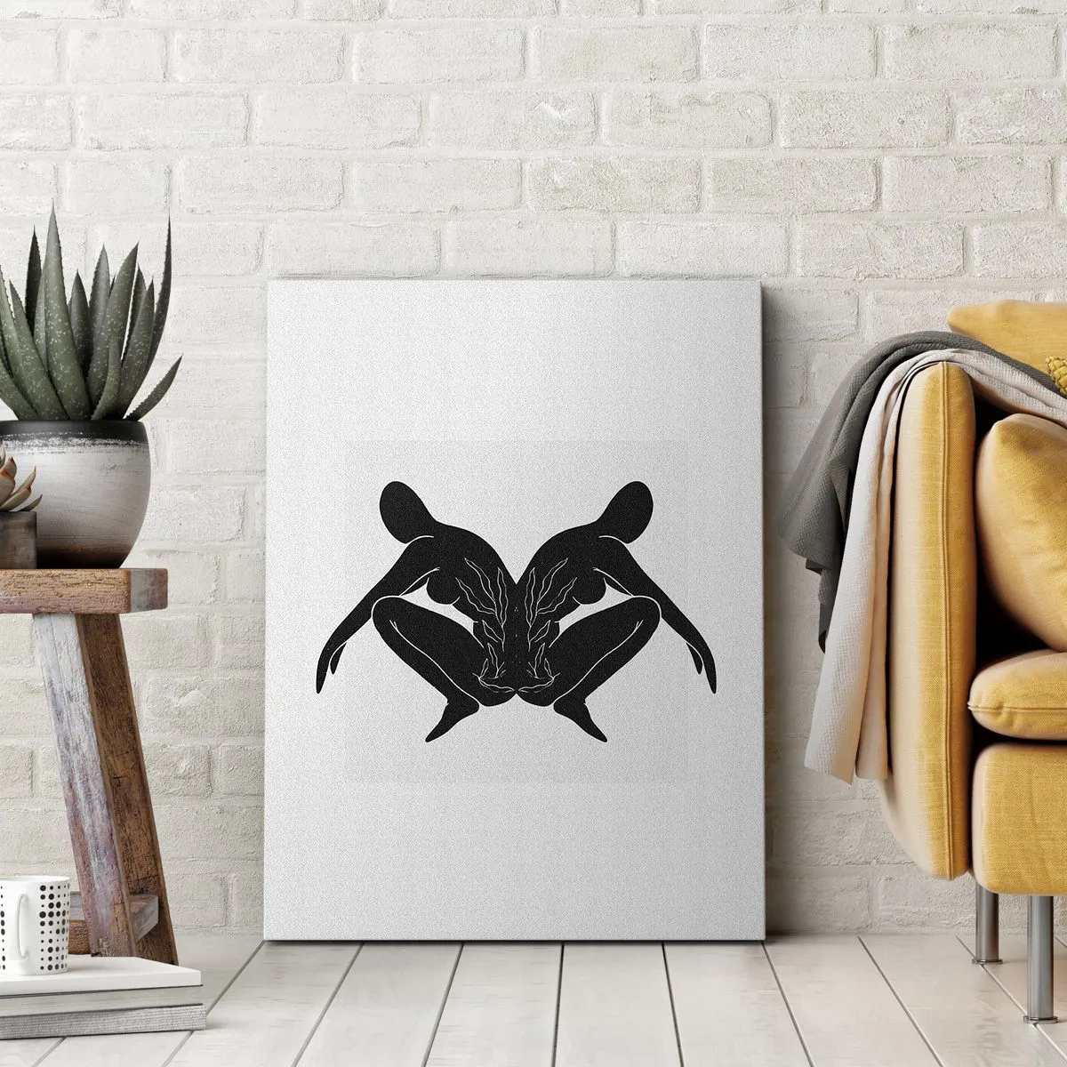 Cuadro sobre lienzo - Impresión de Imagen - Siluetas negras en posición simétrica sobre un fondo blanco. - 80x120cm - Un alma compartida - Decoración de pared moderna para salón y dormitorio ARTTOR