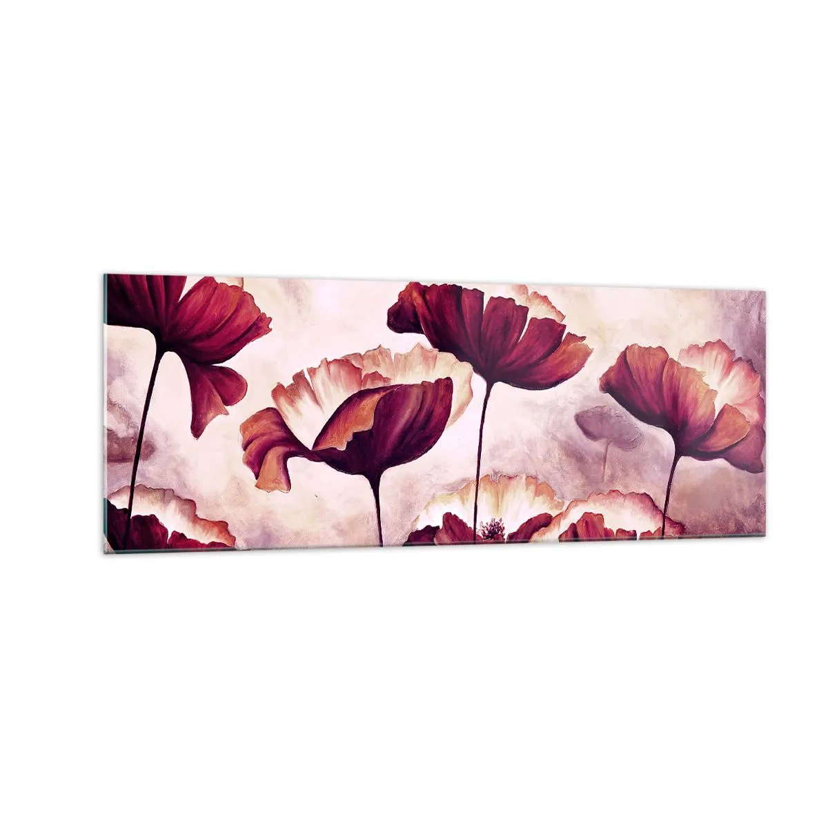 Cuadro sobre vidrio - Impresiones sobre Vidrio - Flores en tonos rojos y blancos sobre un fondo sutil. - 140x50cm - Pétalo rojo y blanco - Decoración de pared moderna para salón y dormitorio ARTTOR