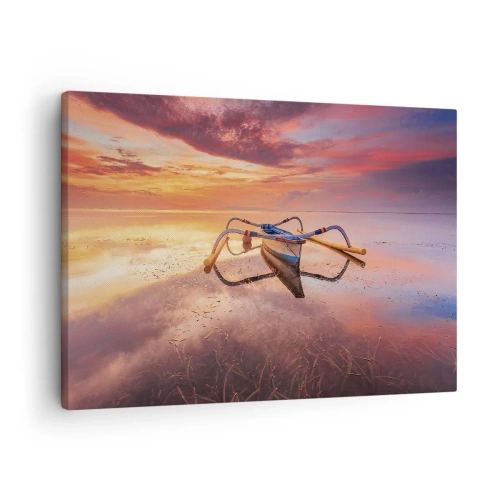 Cuadro sobre lienzo - Impresión de Imagen - Un barco en aguas tranquilas al atardecer. - 70x50cm - Calma de una tarde tropical - Decoración de pared moderna para salón y dormitorio ARTTOR
