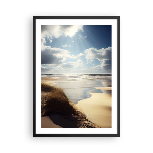 Póster en marco negro - Playa al atardecer con olas y nubes - 50x70cm - Playa, playa salvaje - Decoración de pared moderna para salón y dormitorio ARTTOR