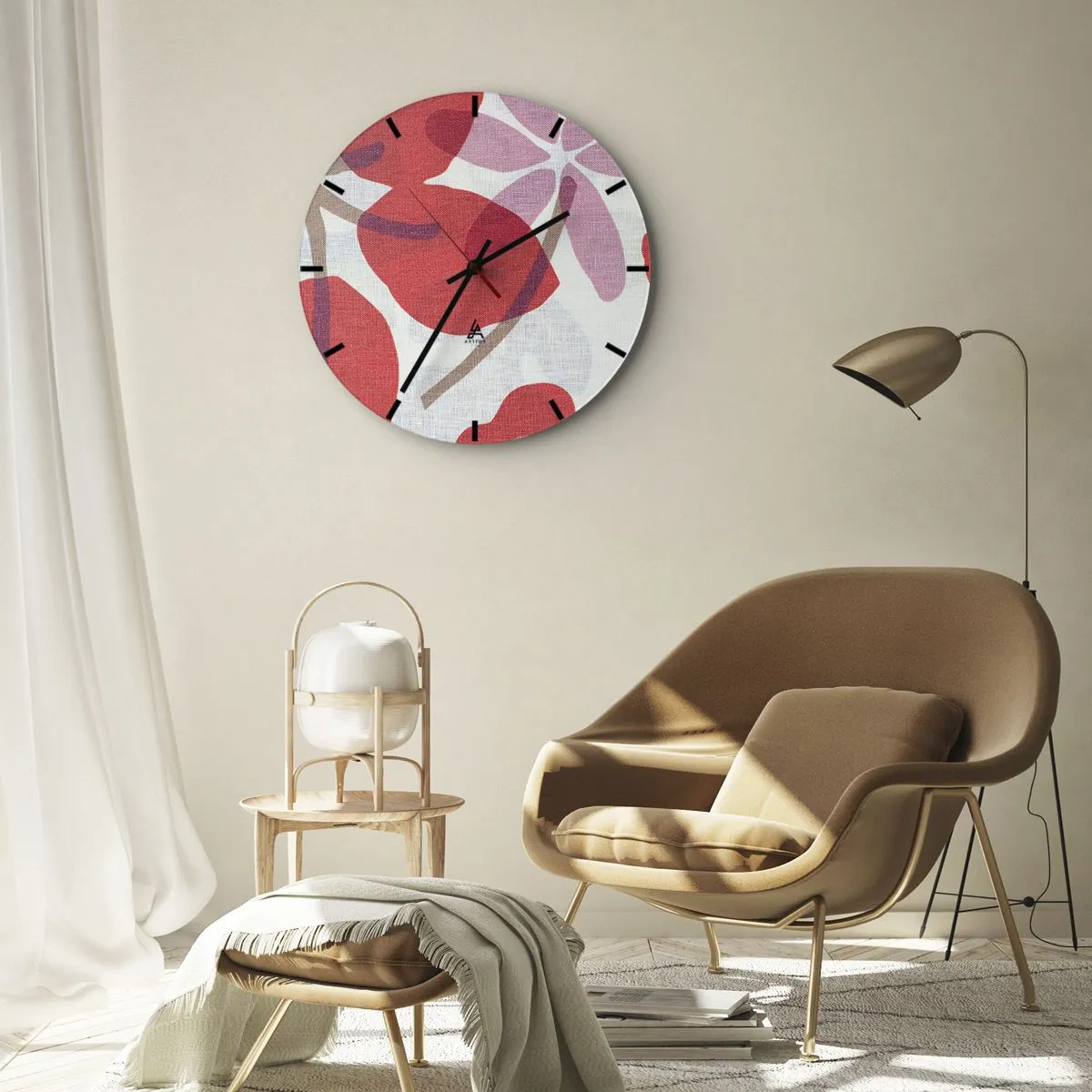 Reloj de pared - Reloj de vidrio - Hojas rosas y rojas sobre un fondo blanco con textura de lino. - 30x30cm - Composición floral en rosa - Decoración de pared moderna para salón, cocina y dormitorio ARTTOR
