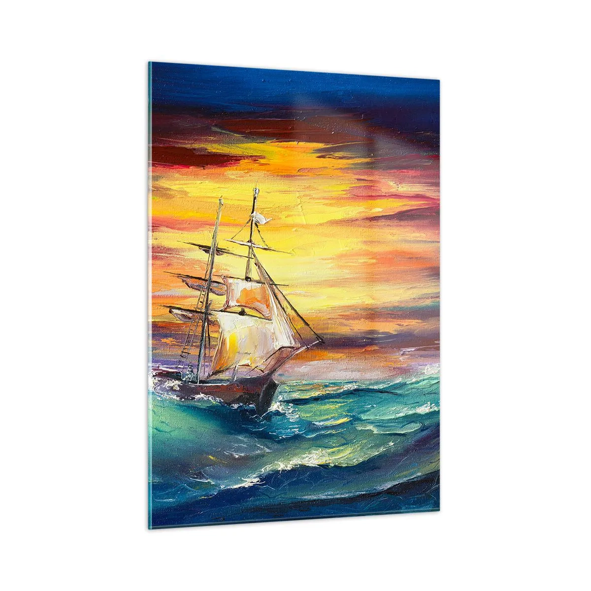 Cuadro sobre vidrio - Impresiones sobre Vidrio - Un barco en un mar tempestuoso al atardecer - 50x70cm - Valientemente surcando las olas - Decoración de pared moderna para salón y dormitorio ARTTOR