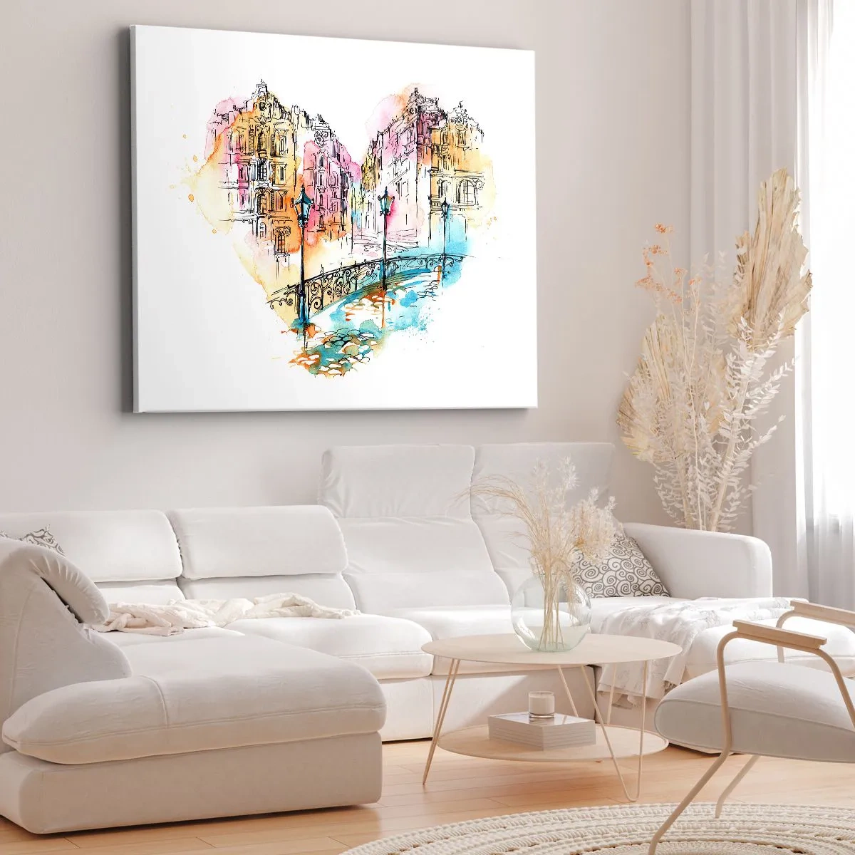 Cuadro sobre lienzo - Impresión de Imagen - Acuarela de un puente y casas de vecindad en forma de corazón - 100x70cm - El corazón de la ciudad - Decoración de pared moderna para salón y dormitorio ARTTOR