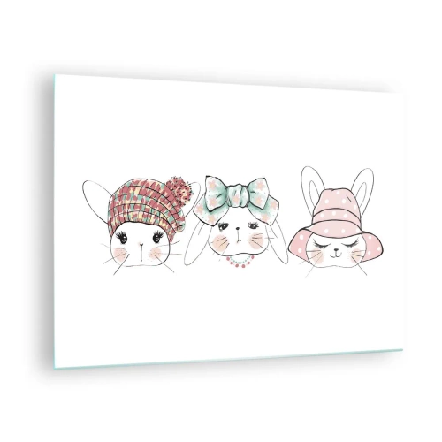 Cuadro sobre vidrio - Impresiones sobre Vidrio - Lindos conejitos con sombreros y lazos - 70x50cm - Reflexión, tristeza, alegría - Decoración de pared moderna para salón y dormitorio ARTTOR