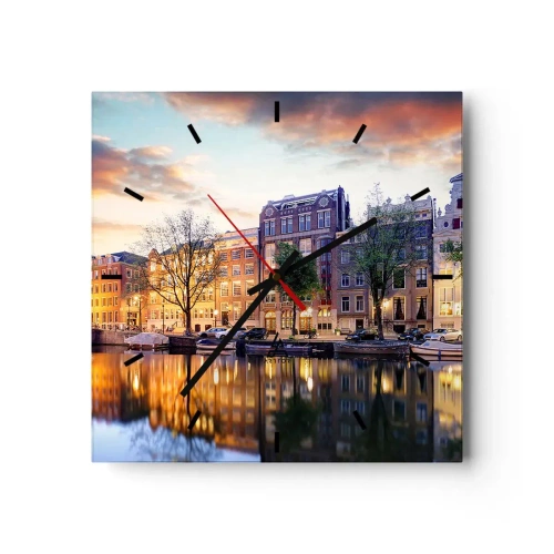 Reloj de pared - Reloj de vidrio - Canal con reflejo de casas de vecindad a la luz del atardecer - 30x30cm - La belleza holandesa, sobria y tranquila - Decoración de pared moderna para salón y dormitorio ARTTOR