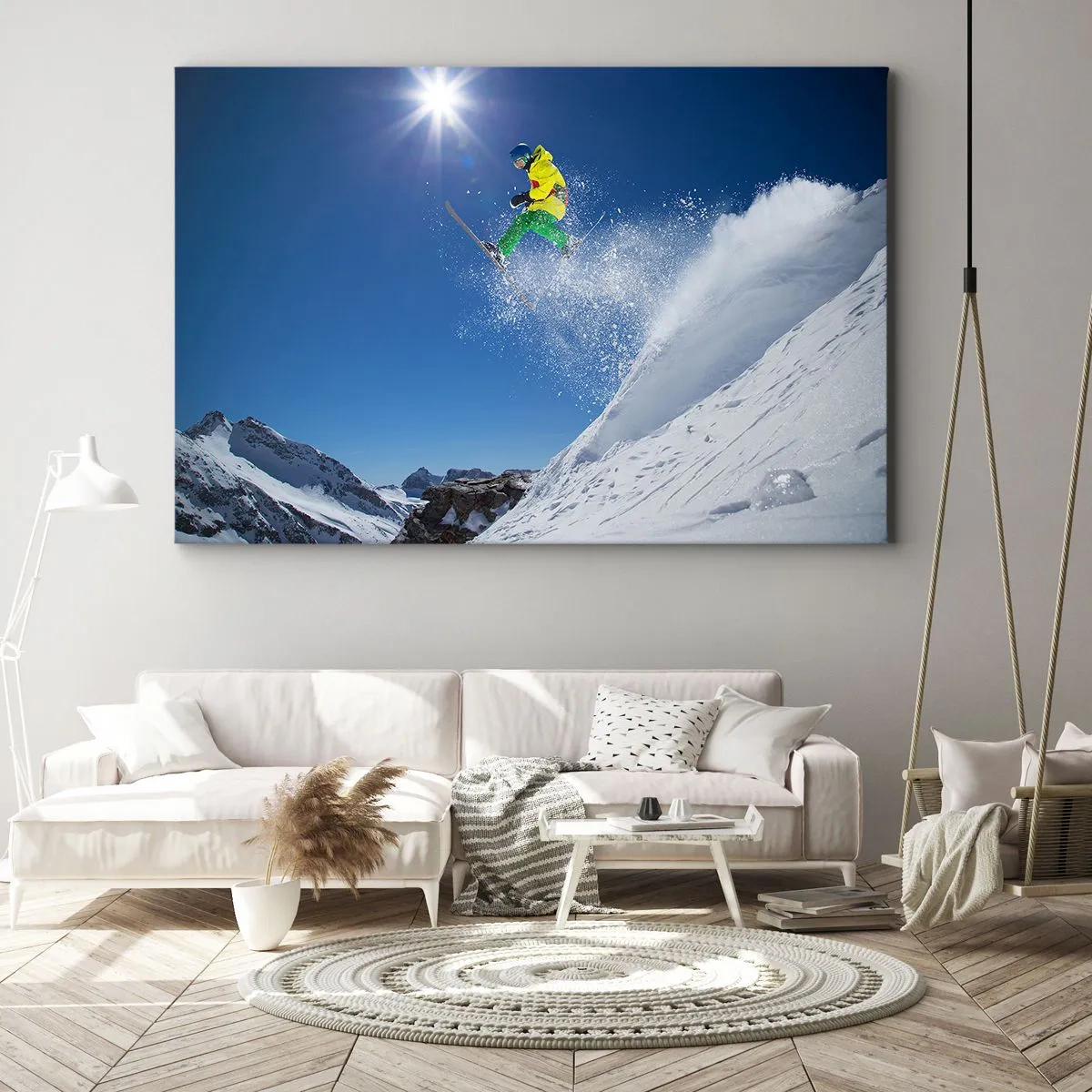 Cuadro sobre lienzo - Impresión de Imagen - Esquiador en el aire con montañas al fondo - 100x70cm - Bailando con las montañas - Decoración de pared moderna para salón y dormitorio ARTTOR