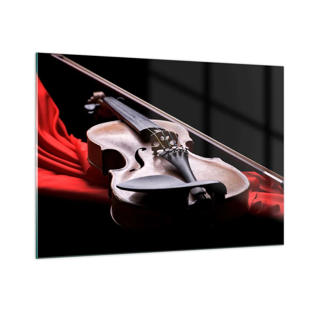 Cuadro sobre vidrio - Impresiones sobre Vidrio - Violín sobre tela roja sobre fondo negro. - 100x70cm - Música de sentimientos - Decoración de pared moderna para salón y dormitorio ARTTOR