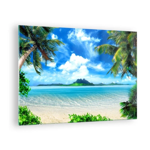 Cuadro sobre vidrio - Impresiones sobre Vidrio - Una playa tropical con palmeras y vistas a una isla montañosa. - 70x50cm - El azul de los trópicos - Decoración de pared moderna para salón y dormitorio ARTTOR